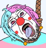 bloodshot_eyes clown clown_nose colorful_hair crying giggly_goon_clown glasses hair hanging heterochromia lipstick makeup mascara open_mouth red_nose sharp_teeth soyjak stubble suicide tongue tranny variant:bernd yellow_teeth // 246x255 // 77.3KB