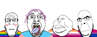 4soyjaks bisexual clothes faggot frown gay glasses lesbian lgbt mouth_open pride_flag purple_hair stubble tongue tranny troon variant:bernd variant:cobson variant:markiplier_soyjak variant:meximutt white_background white_skin // 2567x983 // 124.3KB