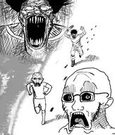 2soyjaks concerned front_facing full_body hair holding_object looking_to_the_right manga meta:featured open_mouth running scared schizo schizophrenia shadow sharp_teeth subvariant:doctos subvariant:doctos_front subvariant:schizojak subvariant:soyak_front tongue variant:markiplier_soyjak variant:soyak water // 650x768 // 261.4KB