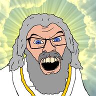 angry beard bloodshot_eyes blue_eyes clothes cloud drawn_background glasses god grey_hair heaven long_hair mustache open_mouth sky soyjak variant:feraljak yellow_teeth // 1500x1500 // 279.5KB
