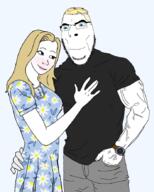 blond blue_eyes blush buff closed_mouth clothes dress eyelashes female flowers glasses grey_pants grey_tshirt hair lipstick long_hair male smile soyjak stubble trad_wife transparent transparent_background trend:aryan variant:cobson vein watch wojak yellow_hair // 707x884 // 420.4KB