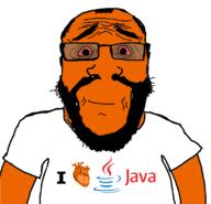 bloodshot_eyes closed_mouth clothes glasses heart java orange_skin programming stubble subvariant:science_lover text tired tshirt variant:markiplier_soyjak wrinkles // 816x785 // 103.3KB