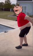 animated brown_skin clothes crocs dance ear ext=gif griddy hair irl irl_background meta:tagme nikocado_avocado obesity open_mouth pool red_shirt soyjak stubble subvariant:impish_amerimutt teeth tshirt variant:impish_soyak_ears white_skin // 576x964 // 8.7MB