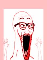 animated arm glasses hand hands_up monster open_mouth poyopoyo pyokopyoko red sharp_teeth soyjak stubble subvariant:wewjak variant:soyak // 303x380 // 478.2KB