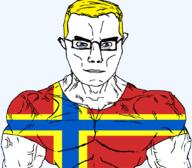 arm aryan blue_eyes british buff closed_mouth clothes ear flag flag:orkney glasses hair orkney scotland soyjak subvariant:chudjak_front subvariant:muscular_chud tshirt united_kingdom variant:chudjak vein yellow_hair // 1059x929 // 46.3KB