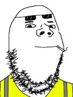 cigarette closed_mouth clothes glasses happy hi_vis_jacket smile smoking soyjak stubble sunglasses variant:gapejak wagie // 600x800 // 21.0KB