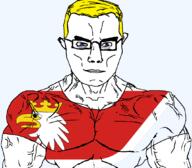 arm blue_eyes buff closed_mouth clothes country flag flag:warmian-masurian glasses hair poland soyjak subvariant:chudjak_front subvariant:muscular_chud transparent transparent_background tshirt variant:chudjak vein voivodeship warmian-masurian yellow_hair // 1059x929 // 106.3KB