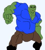 black_shoes blue_shirt brown_pants buff closed_mouth clothes frog full_body glasses green_skin hand looking_at_you muscles muscular_male pepe red_lips soyjak subvariant:chudchud subvariant:chudjak_front subvariant:unbotheredchud transparent_background variant:chudjak // 1170x1297 // 104.6KB