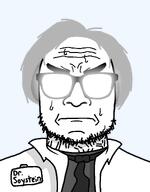 angry collared_shirt doctor glasses glowing_glasses grey_hair lab_coat name_tag necktie stubble subvariant:dr_soystein subvariant:redrawn_plier sweating variant:markiplier_soyjak // 900x1150 // 46.7KB