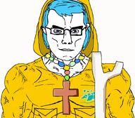 blue_eyes blue_hair buff catholic christianity closed_mouth clothes ear glasses luce muscular_chud smile soyjak subvariant:chudjak_front subvariant:muscular_chud variant:chudjak vatican // 1059x929 // 149.8KB