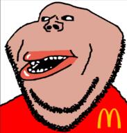 mcdonalds open_mouth soyjak stubble subvariant:impish_amerimutt tan_skin teeth variant:impish_soyak_ears // 807x846 // 93.8KB
