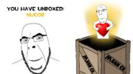 2soyjaks arm box glasses hand heart holding_heart holding_object mann_co smile smug soyjak stubble subvariant:nucob team_fortress_2 text unboxing valve variant:cobson video_game // 763x424 // 157.9KB