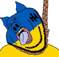azov_battalion country ear flag hanging nazism oink open_mouth pig rope schutzstaffel smile soyjak stubble suicide tongue tranny ukraine variant:impish_soyak_ears yellow_teeth // 768x738 // 144.9KB
