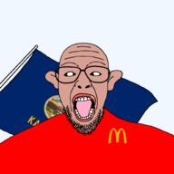 amerimutt beard black_sclera brown_skin clothes ear flag glasses kansas looking_at_you mcdonalds open_mouth soyjak united_states variant:patriotjak // 1023x1023 // 69.3KB
