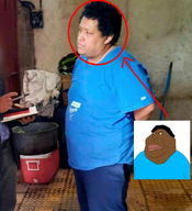 arrow big_lips black_hair blue_shirt brown_skin circle clothes curly_hair fat hair lips meta:low_resolution necrotemante obese pink_lips real real_person realistic red_circle shitskin shorts soyjak variant:meximutt // 602x660 // 467.2KB