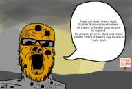 black_eyes black_sclera brown_skin dust forehead_lines forehead_wrinkles glasses grey_skin hole mustache no_teeth open_mouth orange_skin shirtless sign soul soyjak speech_bubble stubble text variant:a24_slowburn_soyjak // 914x621 // 152.5KB