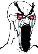 angry bloodshot_eyes crying distorted glasses glowing_eyes large_eyebrows open_mouth red_eyes soyjak stretched_mouth stubble thick_eyebrows variant:soyak // 706x1022 // 248.7KB
