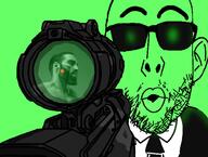 central_intelligence_agency closed_mouth clothes ear firearm gigachad glasses glowie glowing green green_background green_skin gun half_open_mouth holding_gun holding_object holding_rifle imminent_death nas:gigachad necktie open_mouth rifle sniper sniper_rifle soyjak stubble suit sunglasses thick_eyebrows variant:nojak weapon // 980x742 // 382.6KB
