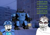 angry antichrist bloodshot_eyes city clothes drool full_body glasses greentext hair hat looking_at_you mecha merge open_mouth schizo snow star_of_david subvariant:chudjak_front thick_eyebrows tin_foil united_nations variant:chudjak variant:feraljak yellow_teeth // 1600x1143 // 2.1MB