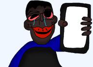 artist:crimsonvoidhydra1488 big_lips bloodshot_eyes blue_shirt brown_skin crying hair holding_object holding_phone jartycuck jartynigger phone redraw shitskin subvariant:jartycuck transparent_background variant:chudjak // 1250x900 // 64.8KB