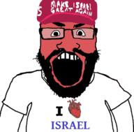 angry beard cap clothes country donald_trump glasses hat heart i_love israel maga open_mouth politics soyjak subvariant:science_lover tshirt united_states variant:markiplier_soyjak // 680x671 // 137.3KB