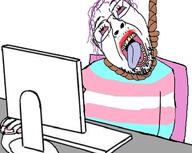 bloodshot_eyes chair clothes computer computer_mouse crying desk glasses hanging open_mouth purple_hair rope soyjak stubble tranny variant:bernd // 720x573 // 49.4KB