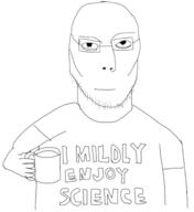 arm closed_mouth clothes glasses hand holding_object mug science soyjak stubble tshirt variant:jasonjak // 1246x1363 // 197.6KB