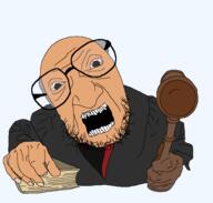 angry arm book gavel glasses hand holding_object judge large_nose open_mouth soyjak stubble variant:unknown white_skin // 600x573 // 22.7KB