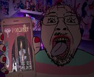 animated dark gif_(4chan) glasses hair hand holding_object holding_phone iphone irl_background music mustache open_mouth painted_nails phone purple_hair sound soyjak strobe stubble tongue tranny variant:bernd video yellow_teeth // 920x762, 12s // 3.0MB