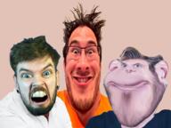 3soyjaks blue_eyes blue_shirt brown_eyes distorted ear glasses hair irl jacksepticeye looking_at_you markiplier orange_shirt pewdiepie smile stubble variant:feraljak variant:impish_soyak_ears variant:markiplier_soyjak white_shirt youtuber // 2732x2048 // 2.1MB