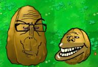 2soyjaks amerimutt brown_skin euromutt get glasses grass happy lawn plant plants_vs_zombies short smug subvariant:euromutt subvariant:impish_amerimutt tall tallnut tripes variant:impish_soyak_ears variant:markiplier_soyjak walnut // 1312x912 // 1.3MB
