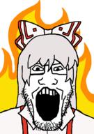 anime bow clothes fire fujiwara_no_mokou glasses hair open_mouth soyjak stubble suspenders touhou variant:markiplier_soyjak video_game white_hair // 680x964 // 106.3KB