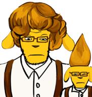 artist:shemmysloota dog drawing family hair janny neutral stare subvariant:neutralplier suspenders variant:markiplier_soyjak yellow_fur yellow_skin // 820x866 // 261.9KB