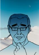 artist:nathaniel_higson blue calm closed_eyes closed_mouth ear fist glasses irl mountain smile snow steve_jobs subvariant:steve_chuds thick_eyebrows thinking variant:chudjak // 1716x2400 // 797.8KB