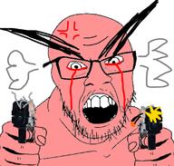 angry bloodshot_eyes crying glasses gun hair hand holding_object open_mouth pistol red_skin shooting soyjak steam stubble teeth variant:feraljak // 1117x1066 // 410.1KB