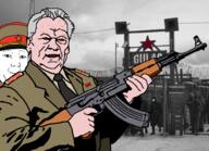 ak-47 closed_mouth clothes communism ear firearm gulag gun hammer_and_sickle hat irl_background kgb kuz mikhail_kalashnikov necktie neutral smile smirk soyjak soyjak_party star uniform variant:kuzjak // 979x711 // 320.8KB