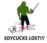 bisected blood bloodshot_eyes buff chainsaw ear frog full_body holding_chainsaw holding_object nipple open_mouth pepe soycuck stubble text tongue variant:impish_soyak_ears // 3875x3598 // 1.3MB