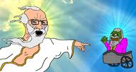 angry arm balding beard chariot clothes crying frog glasses god grey_hair hand mustache nipple open_mouth pepe pointing soyjak variant:soyak // 1898x1010 // 267.1KB