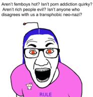antenna autism blue_hair clothes femboy glasses hair open_mouth porn_addiction r_196 reddit reddit_moment redditard rule shaved soyjak text tranny trans variant:el_perro_rabioso // 640x663 // 178.7KB