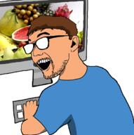 andrew_dobson apple_(company) arm computer ear food glasses hand imagine_being_at_computers open_mouth screen smug soyjak stubble technology variant:zoomer_on_computer // 696x701 // 203.3KB