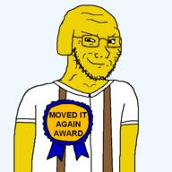 arm award badge closed_mouth clothes ear glasses janny posted_it_again_award ribbon smirk smug soyjak stubble subvariant:soyak_(smug) text variant:soyak yellow_skin // 600x600 // 15.1KB