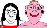 brown_hair closed_mouth eyelashes female flag:nazi_germany flag:transgender_pride_flag friendship lipstick looking_at_each_other nazism open_mouth pooner series:foidjaks smile subvariant:bridget subvariant:female_chudjak subvariant:patricia tongue tranny variant:bernd variant:chudjak // 2072x1224 // 56.0KB