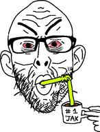 angry bloodshot_eyes coffee cup drinking drinking_straw ear glasses hand holding_mug holding_object mug red_eyes soyjak stubble thick_eyebrows tired variant:nojak white_background // 422x554 // 17.8KB