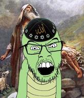 clothes glasses hat judaism kippah mustache open_mouth snake soyjak star_of_david stubble variant:feraljak // 1025x1200 // 578.0KB