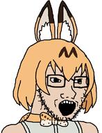 animal_ears bow bowtie cat_ear clothes glasses kemono_friends looking_to_the_right open_mouth serval_(kemono_friends) soyjak stubble variant:soyak white_background white_skin // 840x1100 // 63.3KB