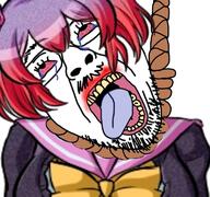 bbc crying danganronpa_(series) hanging kanade_otonokoji lipstick mustache open_mouth rope soybooru soyjak super_danganronpa_another_2 teeth tongue video_game whore // 768x719 // 686.1KB