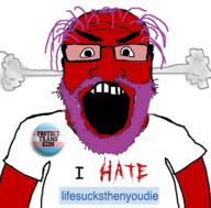 angry arm badge beard clothes fume glasses hair i_hate lifesucksthenyoudie open_mouth purple_beard purple_hair red_skin soybooru soyjak subvariant:science_lover text tranny tshirt variant:markiplier_soyjak // 800x789 // 266.0KB