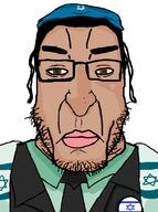 angry badge brown_eyes closed_mouth clothes flag flag:israel glasses hat israel jewish_nose jewish_star judaism kike kippah long_nose merge necktie star_of_david stubble subvariant:chudplier subvariant:kikeplier suit variant:chudjak variant:markiplier_soyjak yellow_sclera // 598x804 // 49.5KB