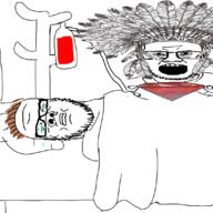 2soyjaks bed brown_hair closed_eyes closed_mouth crying gem glasses hair hand holding_gem holding_object hospital native_american open_mouth red ruby soyjak stubble variant:a24_slowburn_soyjak variant:unknown // 1100x1100 // 646.8KB