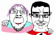 animated chud_troon_alliance clothes ear flag friendship glasses hair hand happy makeup meta:tagme multiple_soyjaks mustache nazism purple_hair smile soyjak stubble subvariant:chudjak_front swastika tranny variant:bernd variant:chudjak variant:cobson variant:soyak video // 1662x1080, 74.1s // 43.9MB